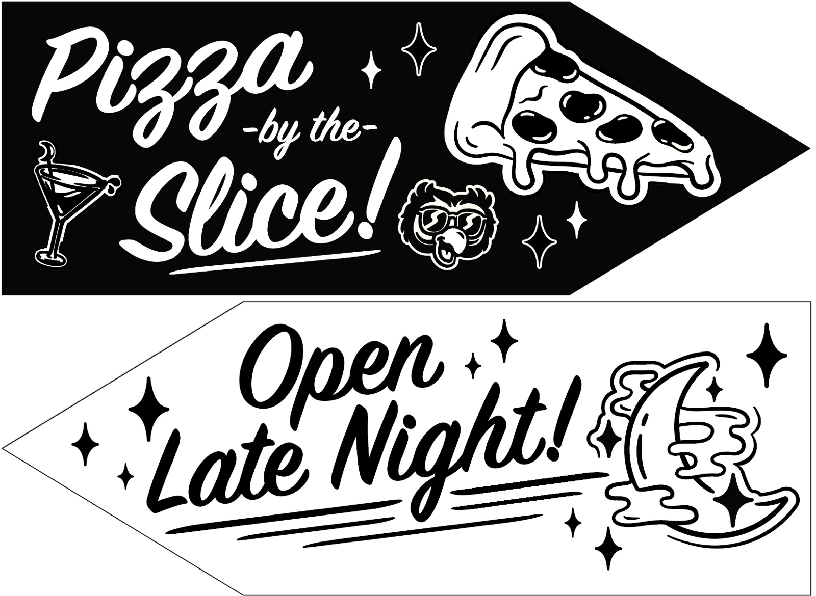 Arrow signs: Pizza by the Slice, Open Late Night