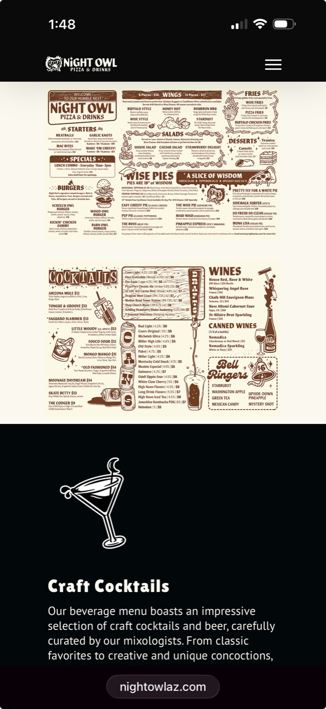 The Night Owl website on mobile